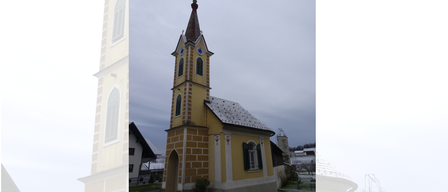 A yellow church with a steeple, situated in a rural area, stands against a cloudy sky. The steeple has blue windows.