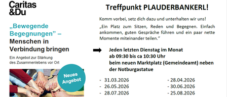 Ein Plakat bewirbt einen Treffpunkt am P Lauderbank. Es ermutigt die Leute, sich zu setzen, zu reden und Momente zu teilen. Das Treffen findet jeden letzten Sonntag im Monat von 09:30 bis 10:30 Uhr am neuen Marktplatz in der Nähe der Notburga-Statue statt.