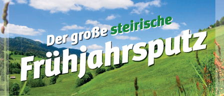 Werbeanzeige für die 18. jährliche Frühjahrsreinigung in der Steiermark, Österreich, mit einer grünen Landschaft, einem gelben Reinigungswerkzeug und einem Aufruf zum Handeln gegen das Vermüllen. Termine: 21. März bis 9. Mai 2026. QR-Codes und Website für weitere Informationen.