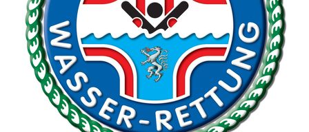 Das Logo der Steirischen Wasser-Rettung zeigt ein Kreuz mit einem Schwimmer, einem Drachen und weißem Text auf blauem Hintergrund.