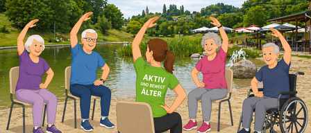 Eine Gruppe älterer Menschen nimmt an einer Outdoor-Trainingseinheit am See teil. Eine Frau führt an, trägt ein grünes Shirt mit 'AKTIV UND BEWEGT ÄLTER'. Hinter ihr sitzen zwei ältere Personen in Stühlen.