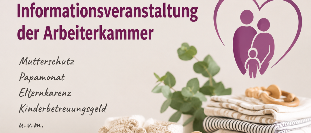 Ein Bild mit zwei gehäkelter Teddybär-Schlappen, einem herzförmigen Holzausschnitt, einer Pflanze und gefalteten Decken. Der Text lautet 'Informationsveranstaltung Arbeiterkammer Schutz' und 'Pension'.