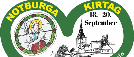 Ein Werbebild für die Kirtag-Veranstaltung in Burg Jagerberg mit einer Frau in traditioneller Kleidung, einer Kirche und den Veranstaltungsdaten vom 18. bis 20. September.