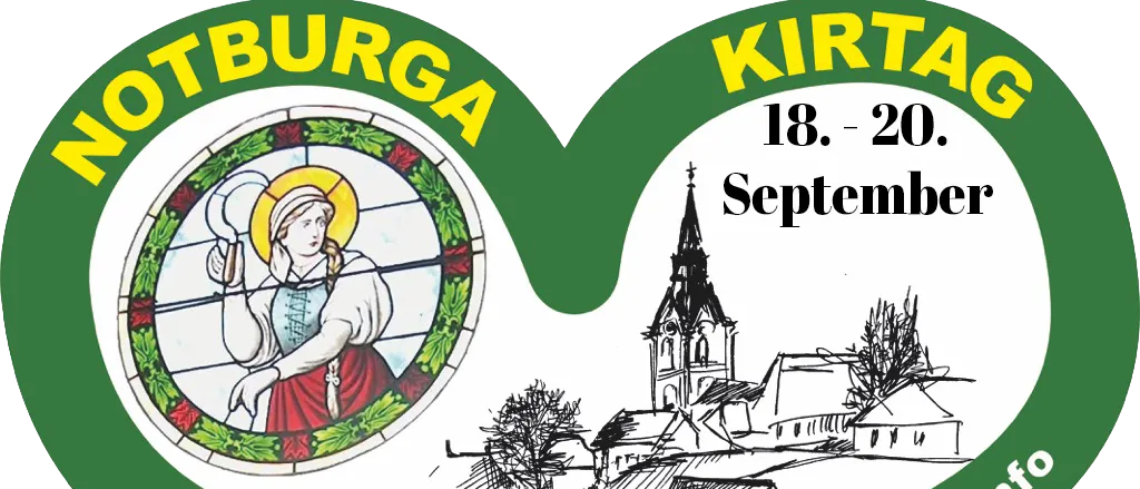 Ein Werbebild für die Kirtag-Veranstaltung in Burg Jagerberg mit einer Frau in traditioneller Kleidung, einer Kirche und den Veranstaltungsdaten vom 18. bis 20. September.