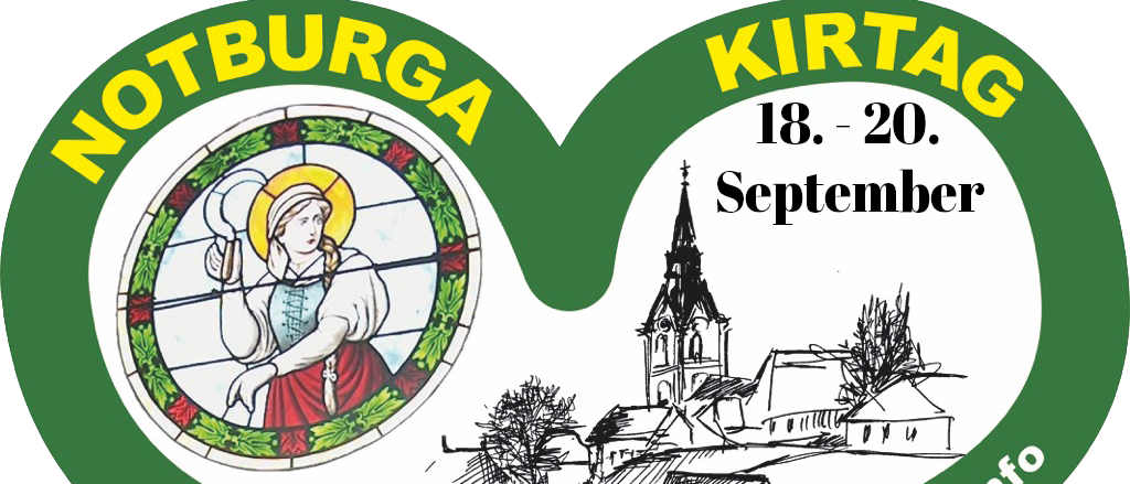 Ein Werbebild für die Kirtag-Veranstaltung in Burg Jagerberg mit einer Frau in traditioneller Kleidung, einer Kirche und den Veranstaltungsdaten vom 18. bis 20. September.