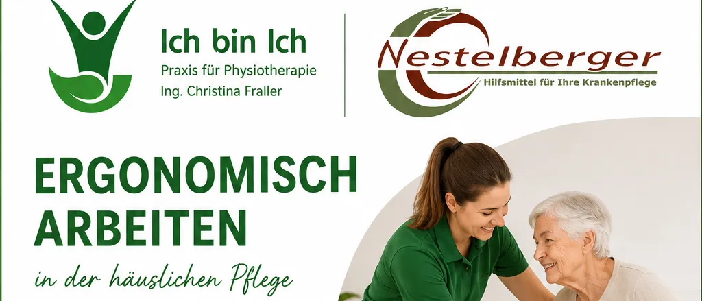 Ein Workshop-Poster für ergonomisches Arbeiten in der häuslichen Pflege, das eine Pflegekraft zeigt, die eine ältere Frau unterstützt. Der Plakat betont die Bedeutung der Körperpflege und des effizienten Krafteinsatzes. Es enthält Details zu Inhalt, Datum, Ort und Kosten des Workshops.