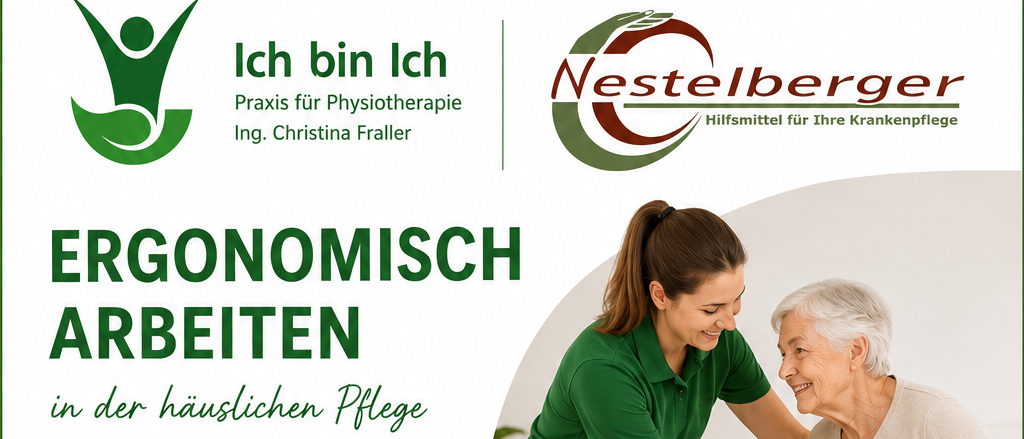 Ein Workshop-Poster für ergonomisches Arbeiten in der häuslichen Pflege, das eine Pflegekraft zeigt, die eine ältere Frau unterstützt. Der Plakat betont die Bedeutung der Körperpflege und des effizienten Krafteinsatzes. Es enthält Details zu Inhalt, Datum, Ort und Kosten des Workshops.