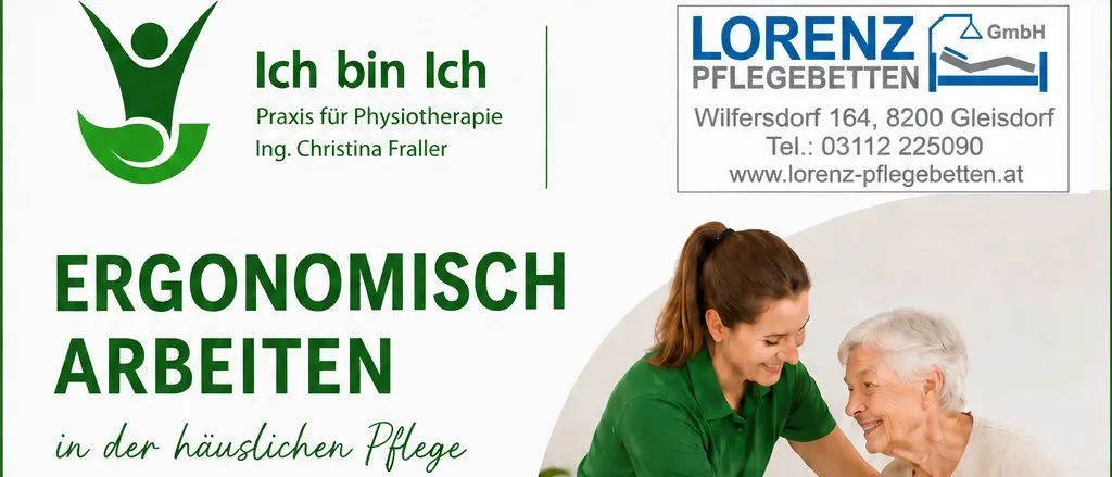 Werbeplakat für ein Workshop über ergonomische Pflege in der häuslichen Pflege. Es zeigt eine Frau, die einer älteren Frau hilft und betont die Bedeutung der richtigen Körperhaltung und Techniken zur Reduzierung körperlicher Belastung.