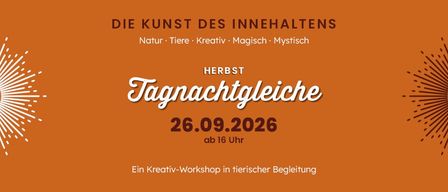 Orange Plakat mit weißem Text, das einen Kreativ-Workshop in tierischer Begleitung mit dem Titel 'Die Kunst des Inhalts' bewirbt. Der Termin ist der 26. September 2026, Beginn um 16 Uhr.