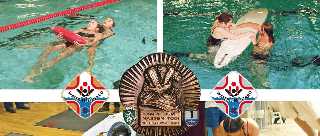 Eine Collage von Bildern, die Wassersicherheitstraining zeigen. Das erste Bild zeigt eine Frau, die ein rotes Schwimmgerät in einem Pool hält. Das zweite Bild zeigt eine Frau, die ein Surfbrett hält, während eine andere Frau ihre Taille hält. Das dritte Bild zeigt eine Frau, die eine Herzdruckmassage an einem Dummy durchführt.