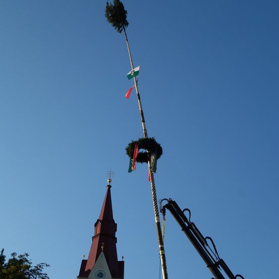 Ein hoher Baumstamm mit mehreren Flaggen wird von einem Kran angehoben.