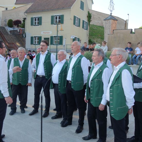 Eine Gruppe älterer Männer in grünen Westen und weißen Hemden steht vor einem Mikrofon auf einem Betonboden. Dahinter befindet sich ein Gebäude mit grünen Fensterläden und einer Straßenlampe. Im Hintergrund sitzen einige Personen auf einer Betonmauer.