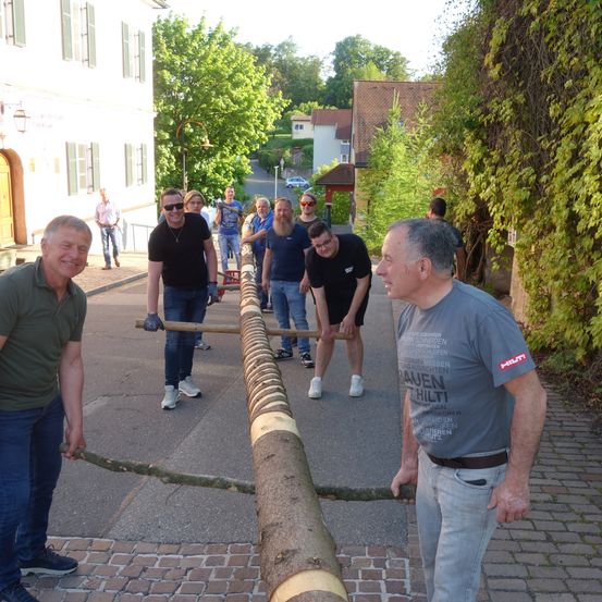 Eine Gruppe von Männern zieht einen langen Holzstamm auf einem gepflasterten Weg.