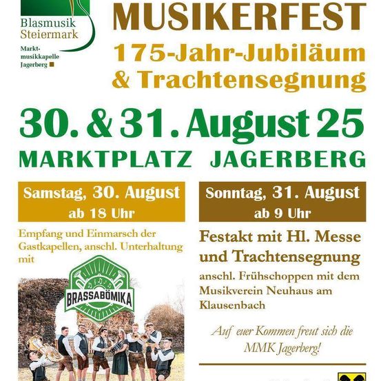 Plakat für das 175-jährige Jubiläum des Blasmusik Steiermark Musikfestivals. Geplant für den 30. und 31. August, beinhaltet die Veranstaltung eine heilige Messe und Segnung, gefolgt von Auftritten und Frühschoppen am Klausenbach.