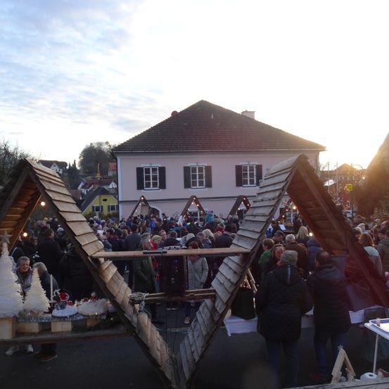 Eine Menschenmenge versammelt sich auf einem Außengelände, möglicherweise für ein Festival, mit Holzstrukturen, Weihnachtsbäumen und einem großen rosa Gebäude im Hintergrund.