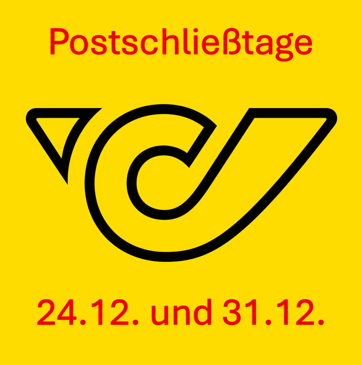 Ein gelbes Poster mit einem stilisierten Buchstaben 'C' und dem Text 'PostschlieBtage' darüber und '24.12. und 31.12.' darunter.