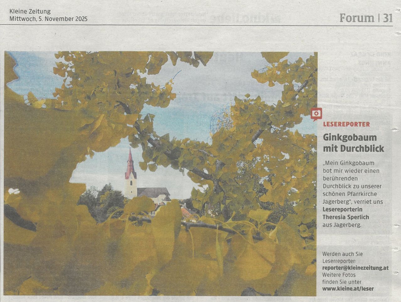 Das Bild zeigt einen gelblaubigen Baum, wahrscheinlich einen Ginkgo, mit einer Kirche im Hintergrund. Es ist ein klarer Herbsttag, und das Foto stammt aus Jagerberg. Der Artikel ist von Lesereport und zeigt Theresa Spe aus Jagerberg.