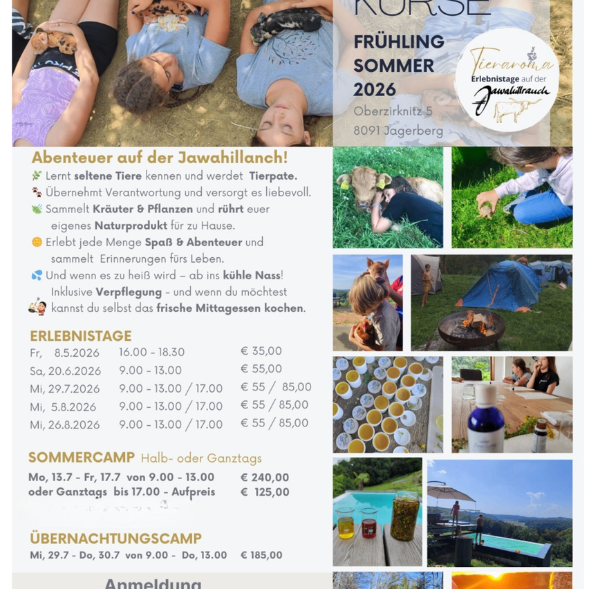 The image shows a poster advertising a series of spring and summer activities on a Java ranch. Dates and times for events are listed, along with prices and activities such as animal care and foraging.
