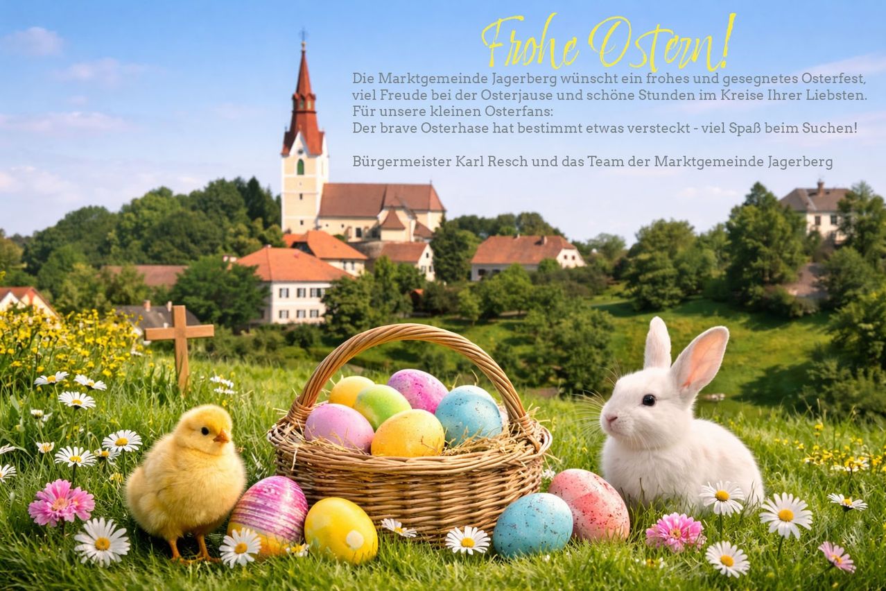 A basket of colorful Easter eggs sits in the grass with a white rabbit and a yellow chick. In the background, there's a village with a church tower and a clear blue sky.