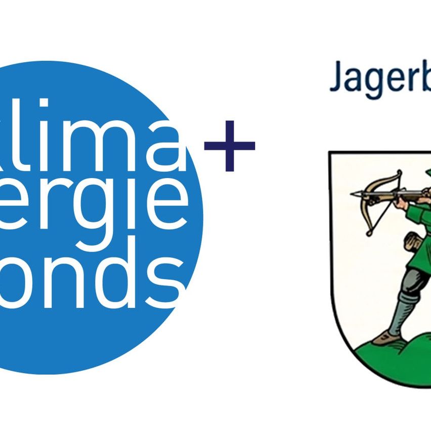 Logo for Klimaenergie Bonds with a blue circle and white text, and a German word Jagerbund with a person holding a bow and arrow.