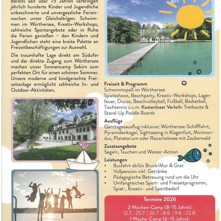 Sommercamp für Kinder und Jugendliche über 75 Jahre. Aktivitäten umfassen Schwimmen, Kreativ-Workshops, Sport und Ausflüge. Verschiedene Sport- und Wasseraktivitäten verfügbar.