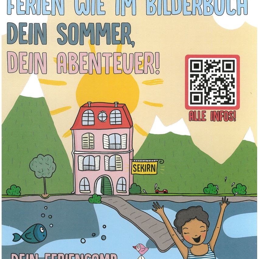 Eine Illustration eines Hauses mit einem Schild, das Sekirin besagt, am Ufer eines Gewässers mit einem springenden Kind. Ein Fisch und ein Vogel sind im Wasser.