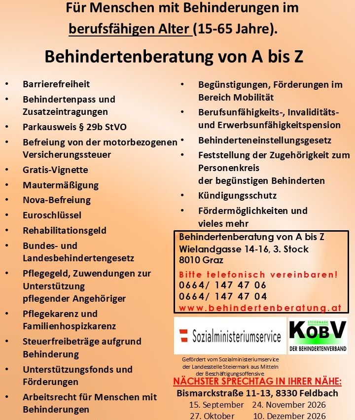 Ein Plakat mit einer Liste von Dienstleistungen für Menschen mit Behinderungen, einschließlich barrierefreier Zugang, Vorteile und rechtliche Unterstützung. Es enthält auch Kontaktinformationen für eine Behindertenberatung.