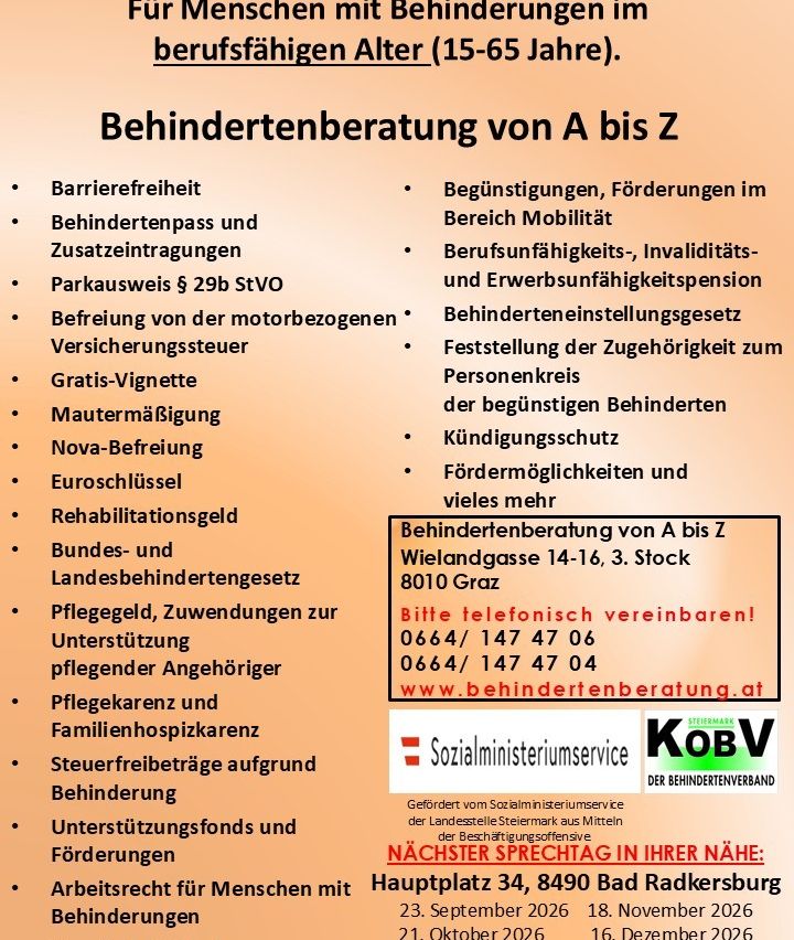 Ein Informationsposter über Behindertenberatung von A bis Z, einschließlich Themen wie Barrierefreiheit, Leistungen und Unterstützung für Menschen mit Behinderung. Es bietet Kontaktdaten und regt zur Terminvereinbarung an.