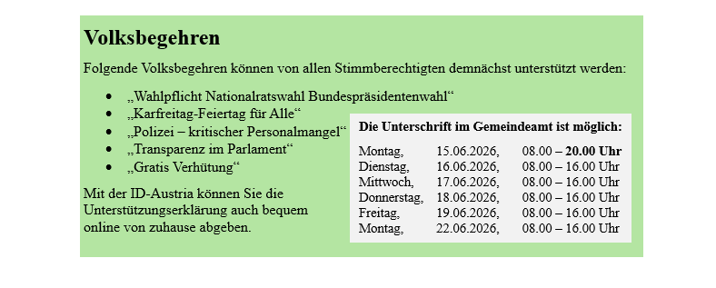 Das Dokument behandelt das Wahlrecht und einen Zeitplan für die Unterschriftensammlung im Gemeindeamt. Das Wahlrecht kann an bestimmten Feiertagen unterstützt werden. Unterschriften können an bestimmten Terminen und Zeiten gesammelt werden.