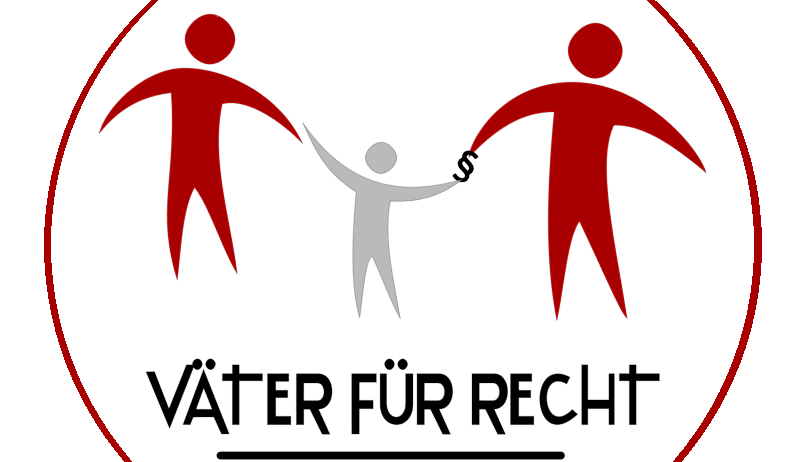 Logo von 'Väter für Recht' mit zwei Vätern, die Hände halten und einem Kind dazwischen. Der Text lautet 'Gemeinsam für unsere Kinder'.