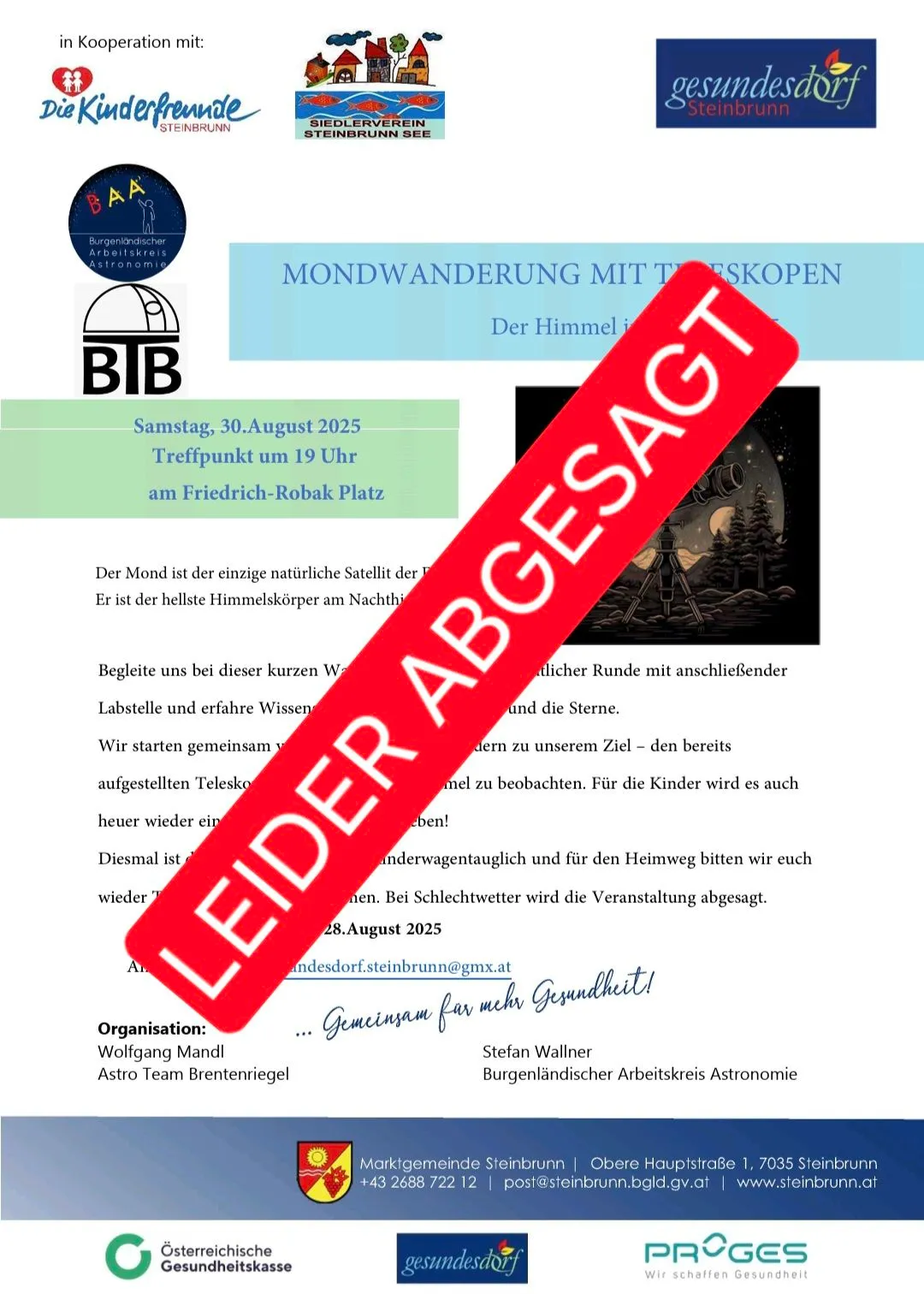 Veranstaltungsposter für eine Mondbeobachtung am 30. August 2025 um 19 Uhr am Friedrich-Robak Platz. Die Veranstaltung ist leider aufgrund schlechten Wetters abgesagt.
