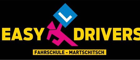 The Easy Drivers logo features a blue square with an L in white, a pink figure, and yellow text reading 'EASY DRIVERS' with a subtitle 'FAHRSCHULE - MARTSCHITSCH' in white.