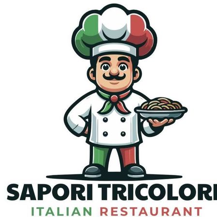 Ein Koch, der einen Teller mit Nudeln hält und ein lächelndes Gesicht hat, trägt einen Kochmütze und Uniform. Das Logo lautet 'Sapori Tricolori Italian Restaurant'.