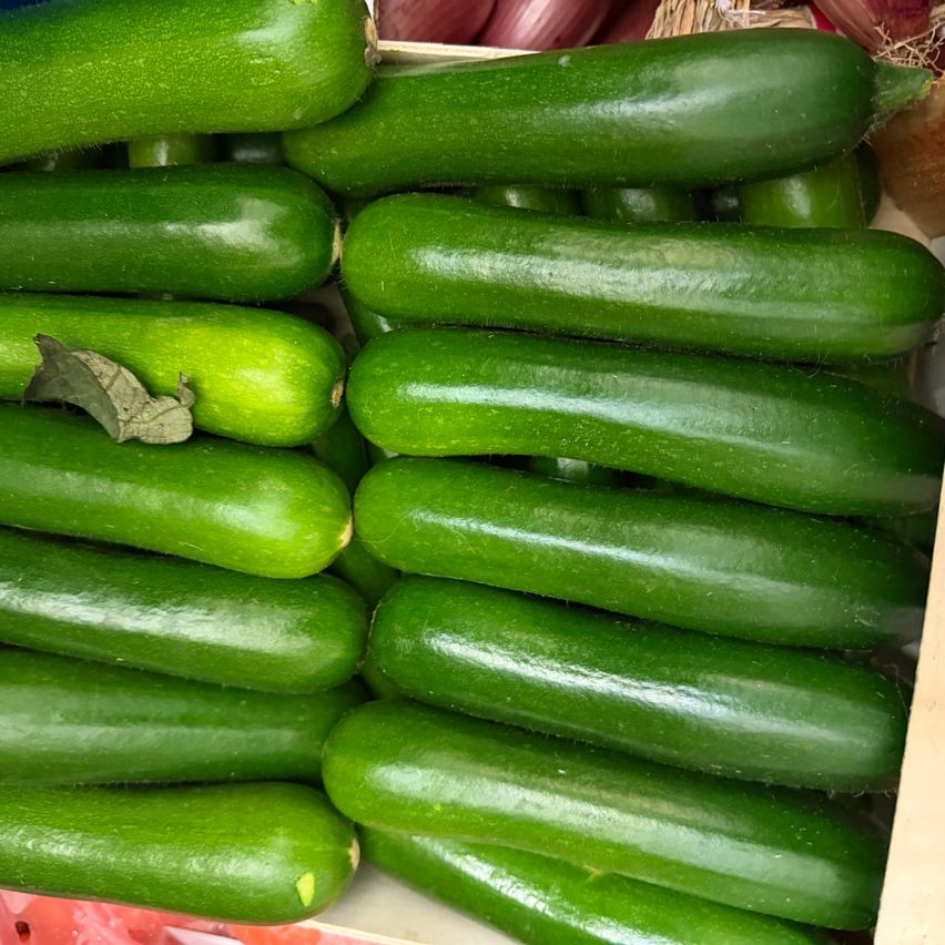 Ein Nahaufnahme von einer Box frischer, leuchtend grüner Zucchini, die in einer Marktumgebung präsentiert wird.