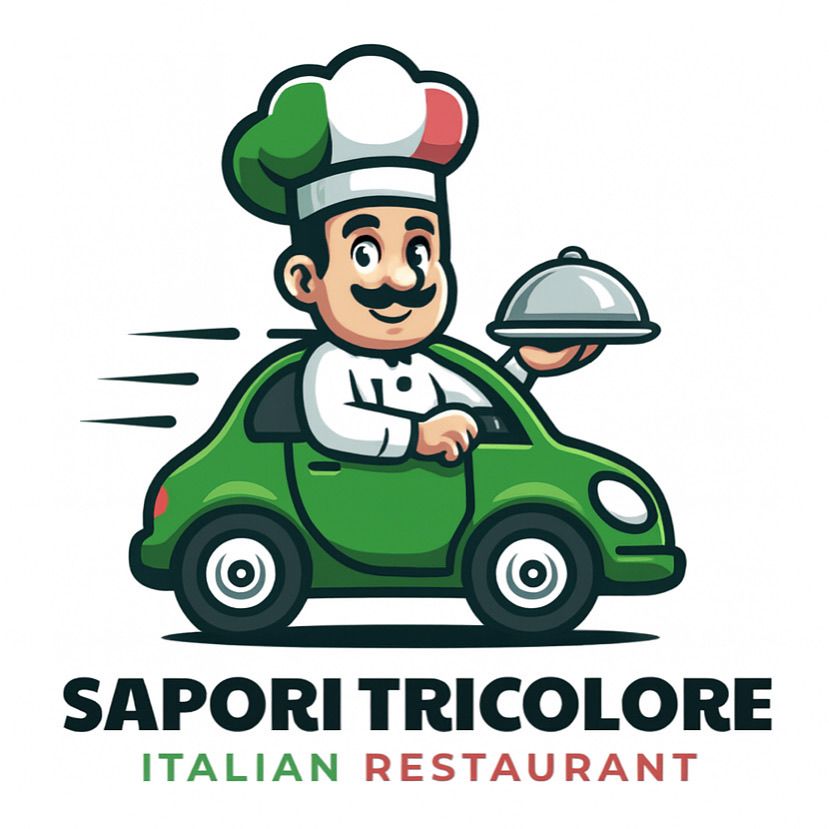 Logo of Sapori Tricolore Italian Restaurant, featuring a chef driving a green car while holding a covered dish.