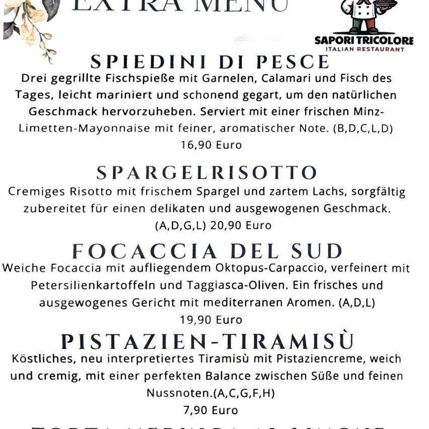 Das Menü umfasst gegrillte Fischspieße mit Garnelen, Calamari und Fisch des Tages, leicht mariniert und perfekt gegart. Serviert mit Minz-Limetten-Mayonnaise. Cremiges Risotto mit frischem Spargel und zarten Lachs, delikat gewürzt. Focaccia del Sud mit Oktopus-Carpaccio und Olivenöl, frisch und ausgewogen. Pistazien-Tiramisu mit Pistaziencreme, cremig und ausgewogen zwischen Süße und feinen Nussnoten.