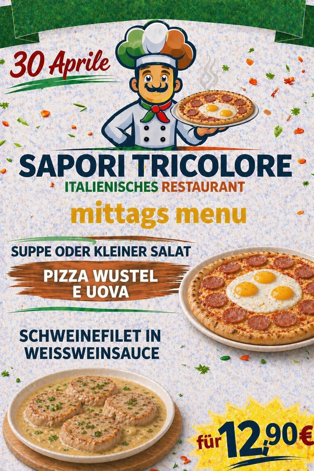 Das italienische Restaurant Sapori Tricolore bietet ein Mittagsmenü an. Wählen Sie zwischen Suppe oder Salat. Genießen Sie Pizza mit Peperoni und Eiern oder Schweinefilet in Weißweinsauce.