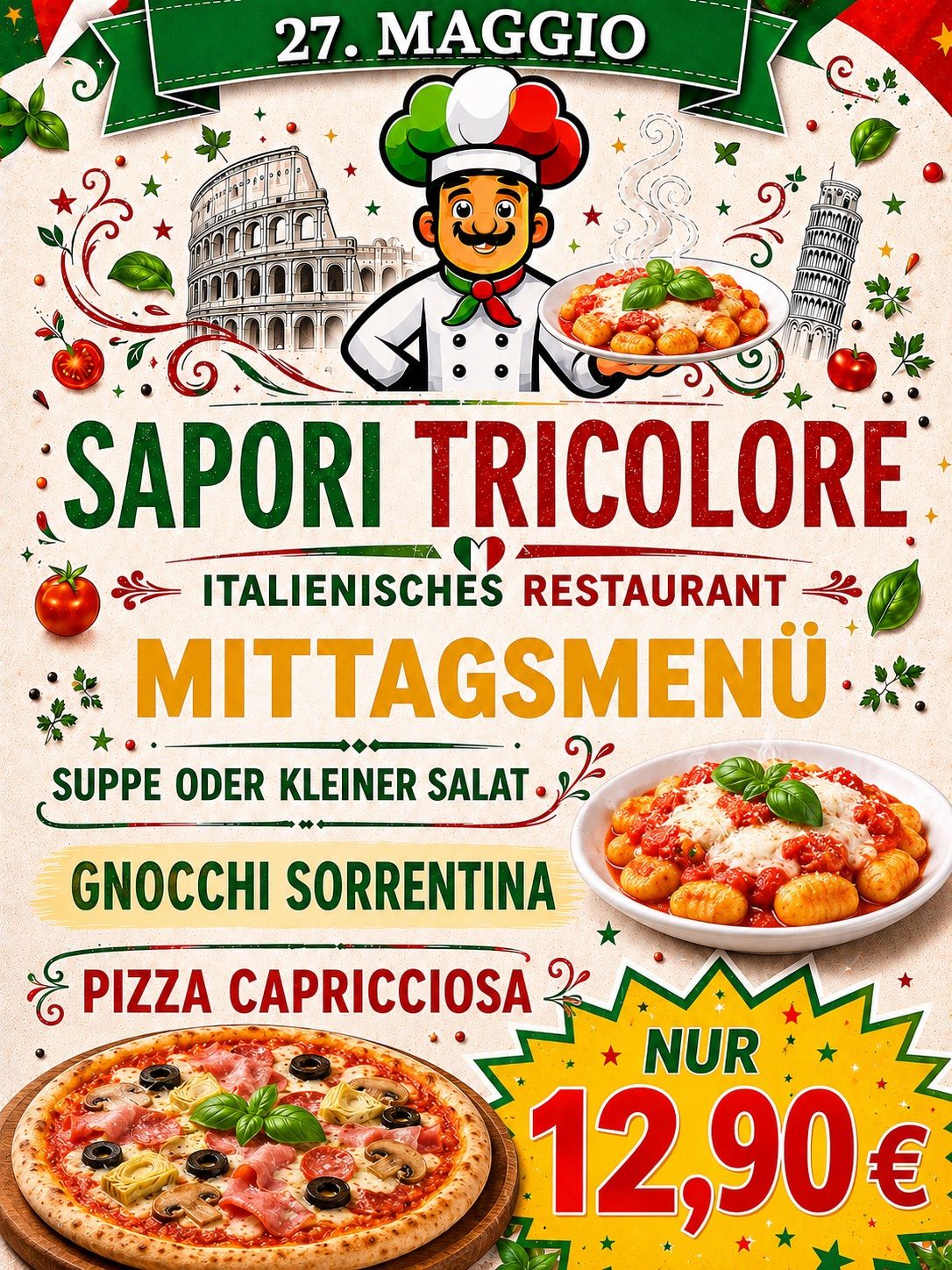Italienisches Mittagsmenü im Restaurant Satori Tricolore. Suppe oder kleiner Salat, Gnocchi Sorrentina und Pizza Capricciosa. Nur 10 Euro.