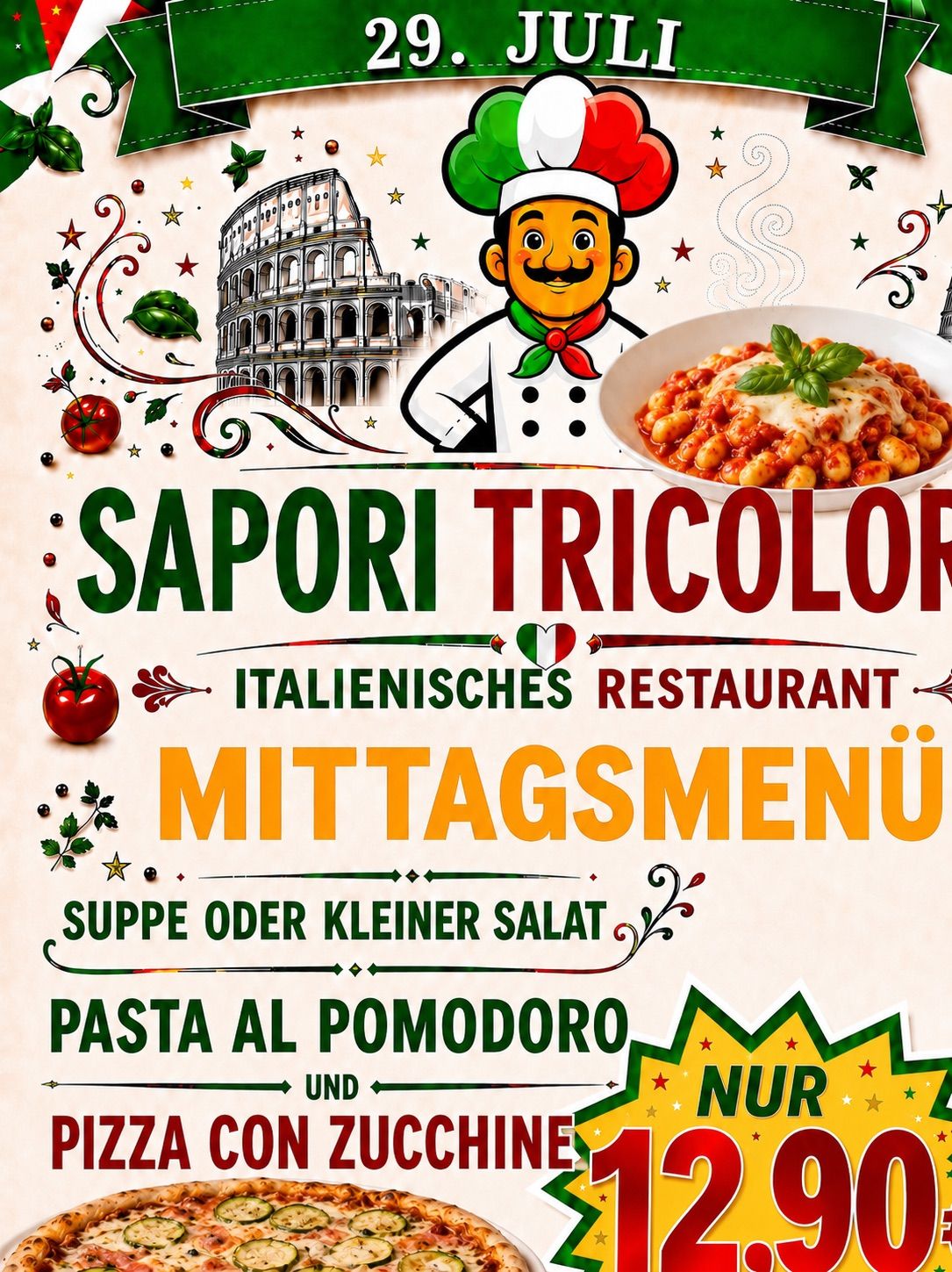 Ein Plakat für Sapori Tricolor, ein italienisches Restaurant, mit einem Koch, einem Teller Pasta und dem Kolosseum. Das Mittagsmenü umfasst Suppe oder einen kleinen Salat, Pasta al Pomodoro und mehr.