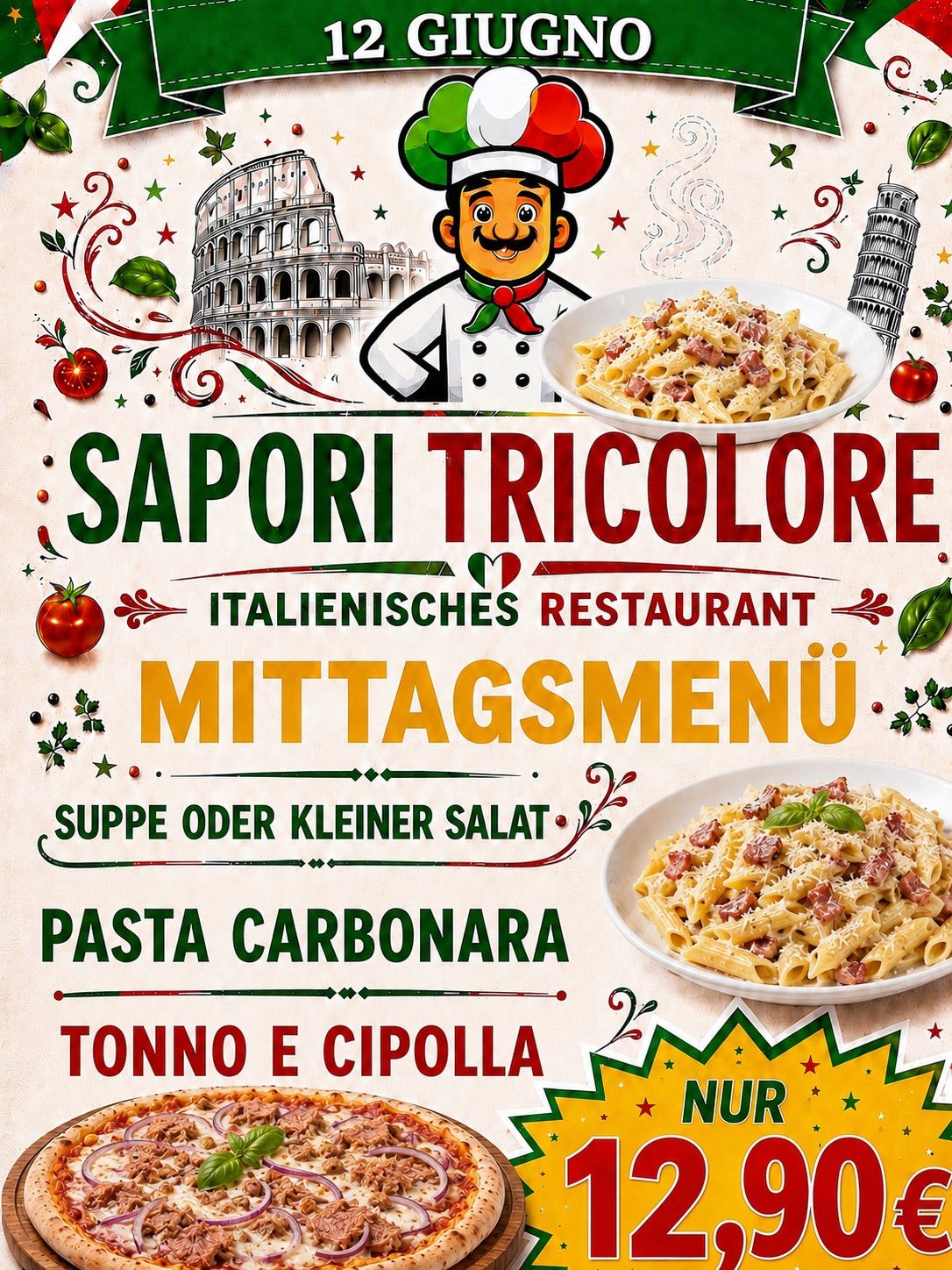 Eine Werbung für das italienische Restaurant Sapori Tricolore mit einem Koch, einem Nudelgericht und berühmten italienischen Wahrzeichen. Es zeigt ein Mittagsmenü mit Optionen wie Pasta Carbonara und Tonno e Cipolla.