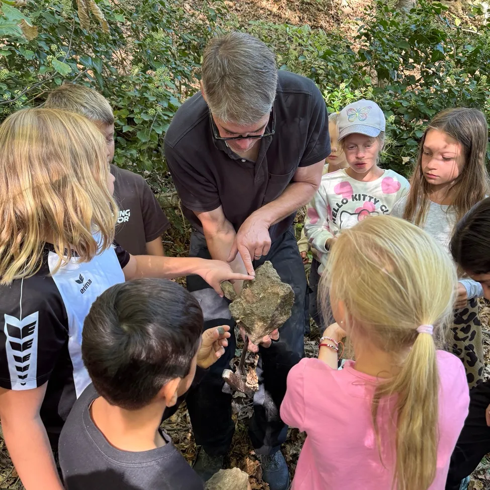 Ein Mann zeigt einer Gruppe von Kindern einen Stein im Wald.