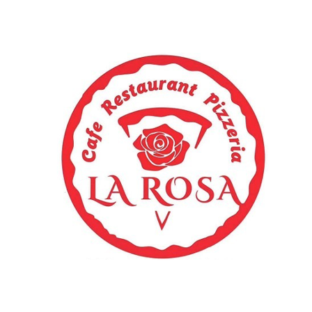 Rundes Logo für Cafe Restaurant Pizzeria LA ROSA V mit rotem Rosensymbol. Der Text ist rot mit weißem Umriss.