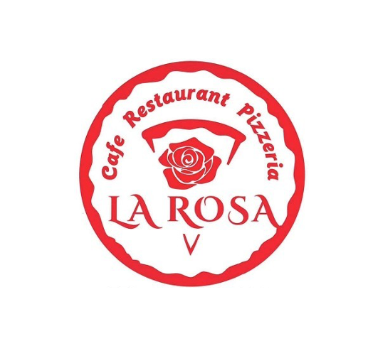 Rundes Logo für Cafe Restaurant Pizzeria LA ROSA V mit rotem Rosensymbol. Der Text ist rot mit weißem Umriss.