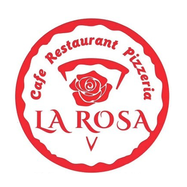 Ein rundes Logo für das La Rosa V Restaurant Pizzeria, mit einer roten Rose in der Mitte. Der Name ist in fetten roten Buchstaben mit Schatteneffekt geschrieben.