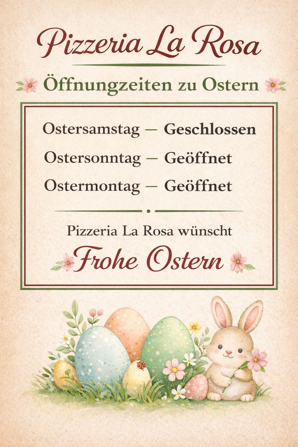 Das Bild zeigt die Osteröffnungszeiten für Pizzeria La Rosa, die angibt, dass am Ostersamstag geschlossen und am Ostersonntag und -montag geöffnet ist. Es zeigt einen Osterhasen und Eier.