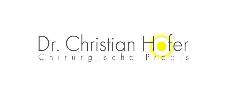 Das Logo zeigt den Namen Dr. Christian Hofer in fetten Buchstaben, darunter die Worte Chirurgische Praxis. Ein gelber Sonnenschein ist in das Design integriert.