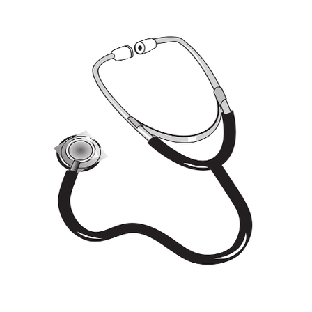 Illustration eines Stethoskops mit schwarzem Griff und silbernen Ohrstücken auf weißem Hintergrund.