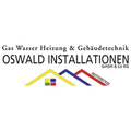 Das Logo von OSWALD INSTALLATIONEN, einem Unternehmen, das sich auf Gas, Wasser, Heizung und Gebäudetechnik spezialisiert hat, ist auf weißem Hintergrund zu sehen. Unter dem Firmennamen befindet sich ein Haussymbol und der Text 'GmbH & Co KG'. Der Firmenname ist in fetten, großen Buchstaben geschrieben.