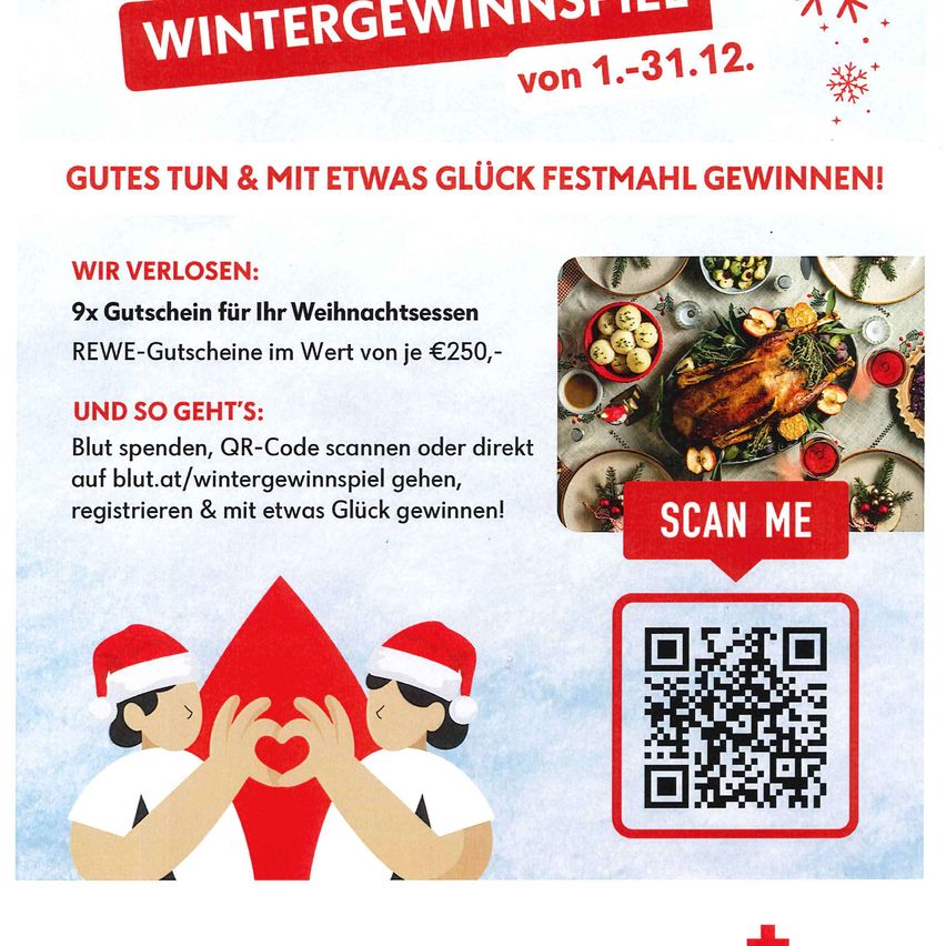 Eine Anzeige für ein Weihnachts-Gewinnspiel mit einem festlichen Bild eines gebratenen Truthahns und Beilagen. Es bietet neun Geschenkgutscheine im Wert von je 250 Euro. Die Anweisungen umfassen das Ausgeben, Scannen eines QR-Codes oder Besuchen einer Website, um sich zu registrieren und möglicherweise zu gewinnen.
