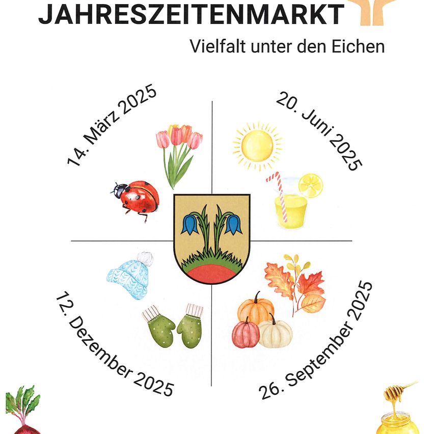 Ein Plakat für 'Jahreszeitenmarkt' mit Symbolen für jede Jahreszeit und Daten von März bis September 2025. Jedes Symbol repräsentiert eine andere Jahreszeit mit einer Marienkäfer für den Frühling, einer Sonne für den Sommer, einem Kürbis für den Herbst und einer Biene für den Winter.